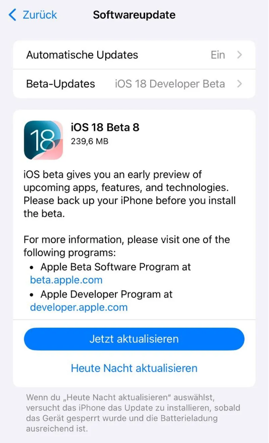 安化苹果手机维修分享苹果 iOS / iPadOS 18 开发者预览版 Beta 8 发布 